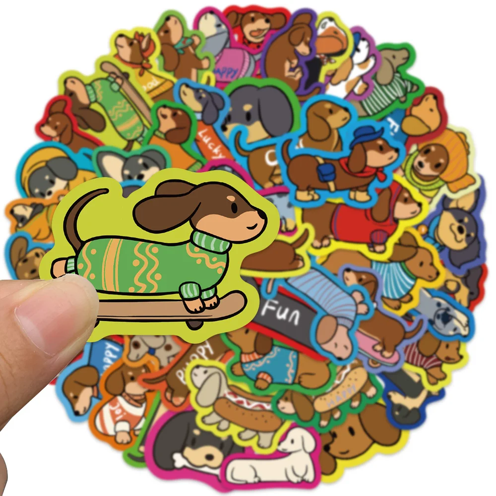 50pcs Cute Cartoon Animals Dachshund Stickers Kids Pets Water Bottle Decals For Luggage Laptop Guitar Phone Waterproof Graffiti