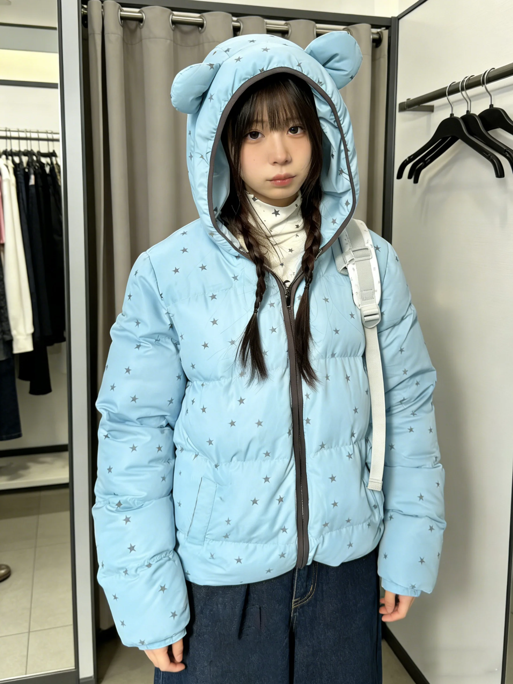 

Женская зимняя теплая куртка с капюшоном и принтом «Синяя звезда», корейский стиль, свободный крой, длинный рукав, укороченная, на молнии