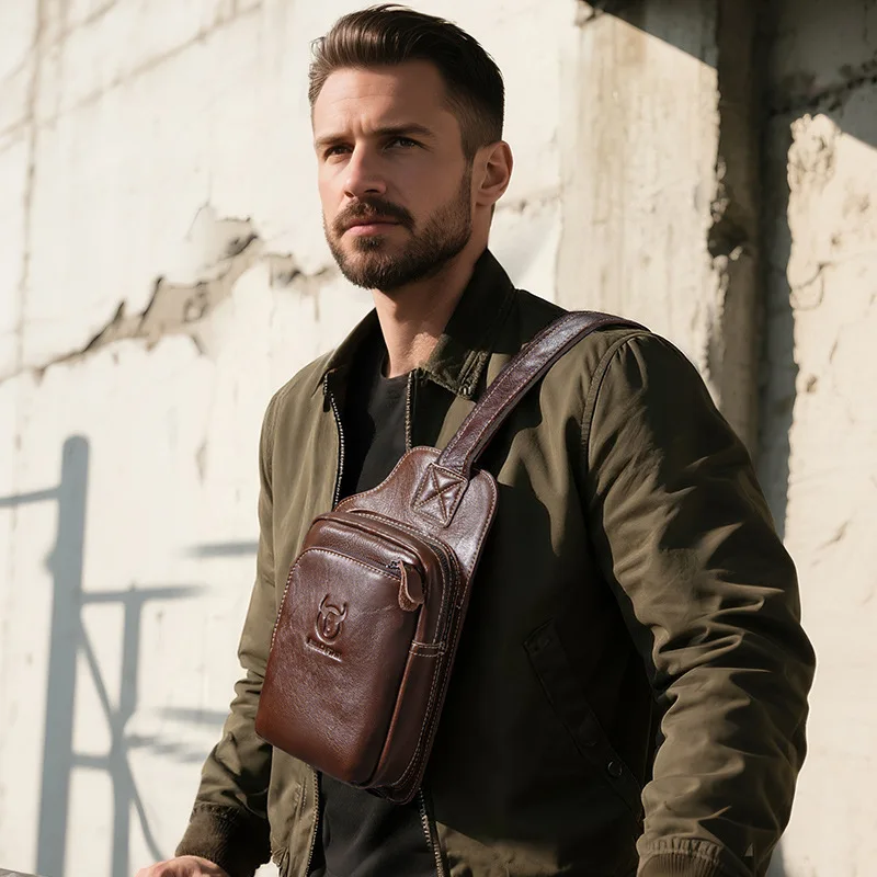 

Мужская корейская кожаная сумка из воловьей кожи, большая вместительная уменьшающая нагрудная сумка с несколькими карманами на одно плечо для мужчин