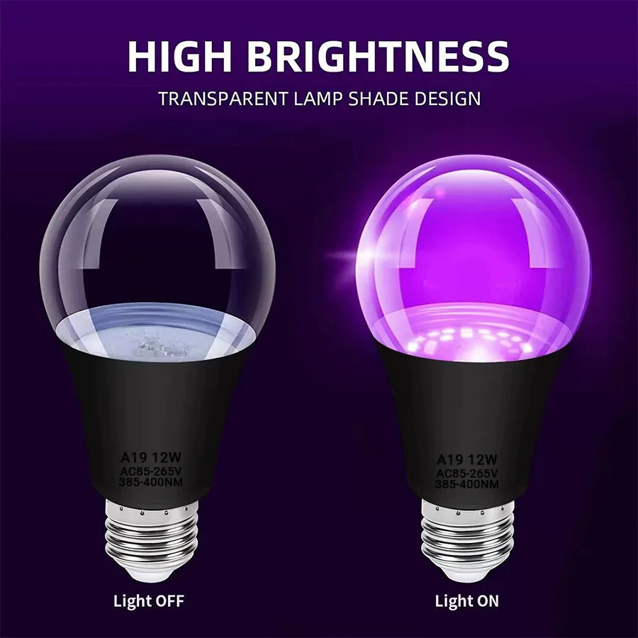 مصباح إضاءة LED للحفلات التنكرية ، E27 ، 12 واط ، UVA 385-400nm ، توهج في الظلام ، مصباح إضاءة أسود ، A19 ، 2 عبوة