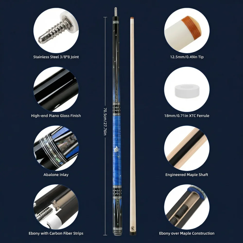 KONLLEN Pool Cue Carbon Fiber Shaft Ebony Abalone Inlay 1/2 Split Billiard Cue Low Deflection Pro Taper Snooker Stick 12.5mm Tip