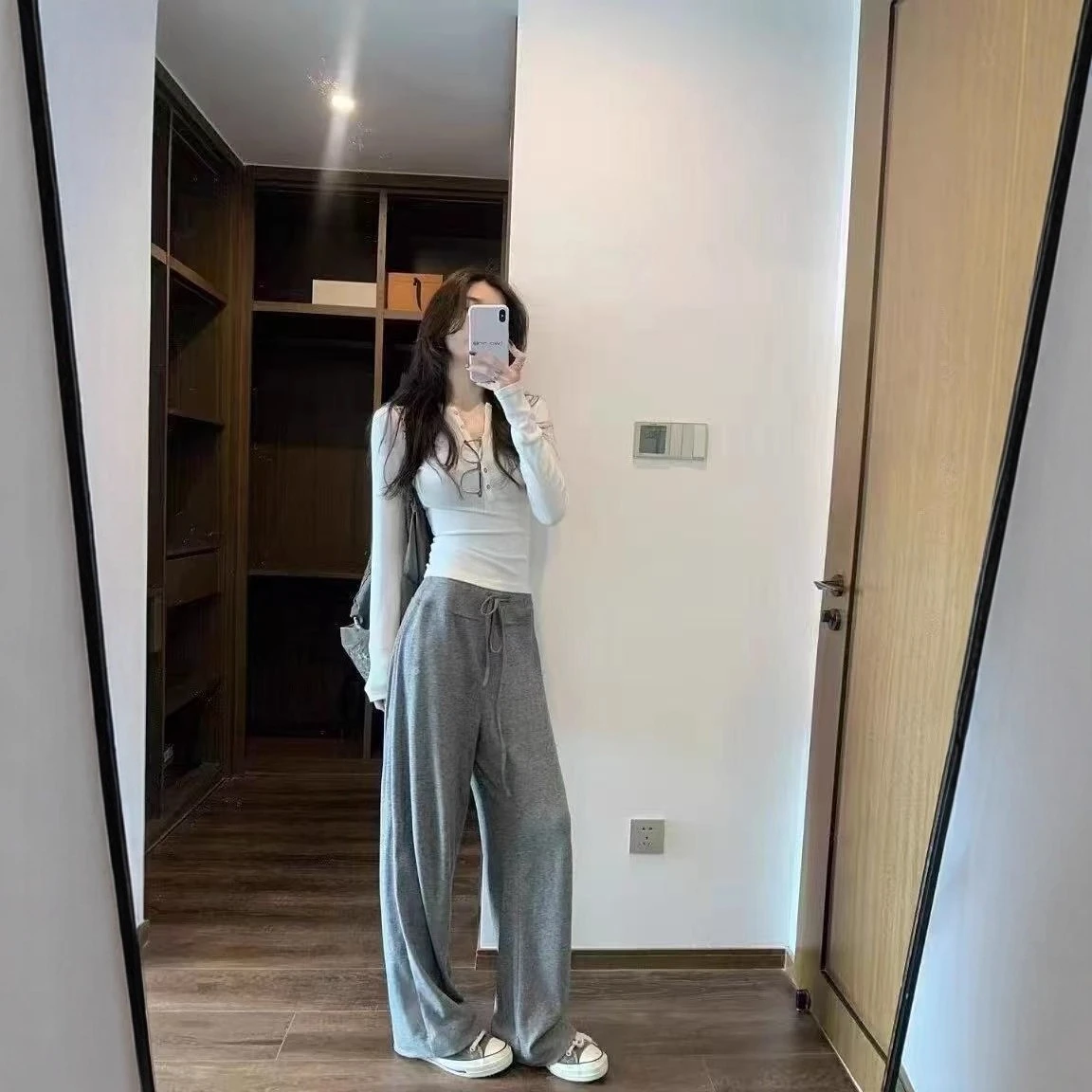 2026 Pantalones anchos de punto de cintura alta para mujer, corte relajado drapeado con cordón, pantalones deportivos informales para salón