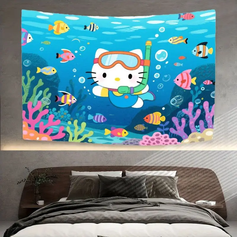 1 szt. Gobelin do snorkelingu z motywem Hello Kitty firmy Sanrio, żywa dekoracja ścienna z motywem oceanu, rybami i rafami koralowymi, uroczy, kawaii dekoracja poliestrowa do pokoju.