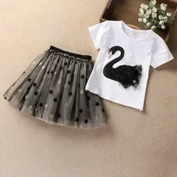 Summer kids Girls Clothing Sets Cotton Cartoon Swan T-Shirt+Sequin Skirts 2Pcs Suit Children Fashion Princess Kids Dress Outfits