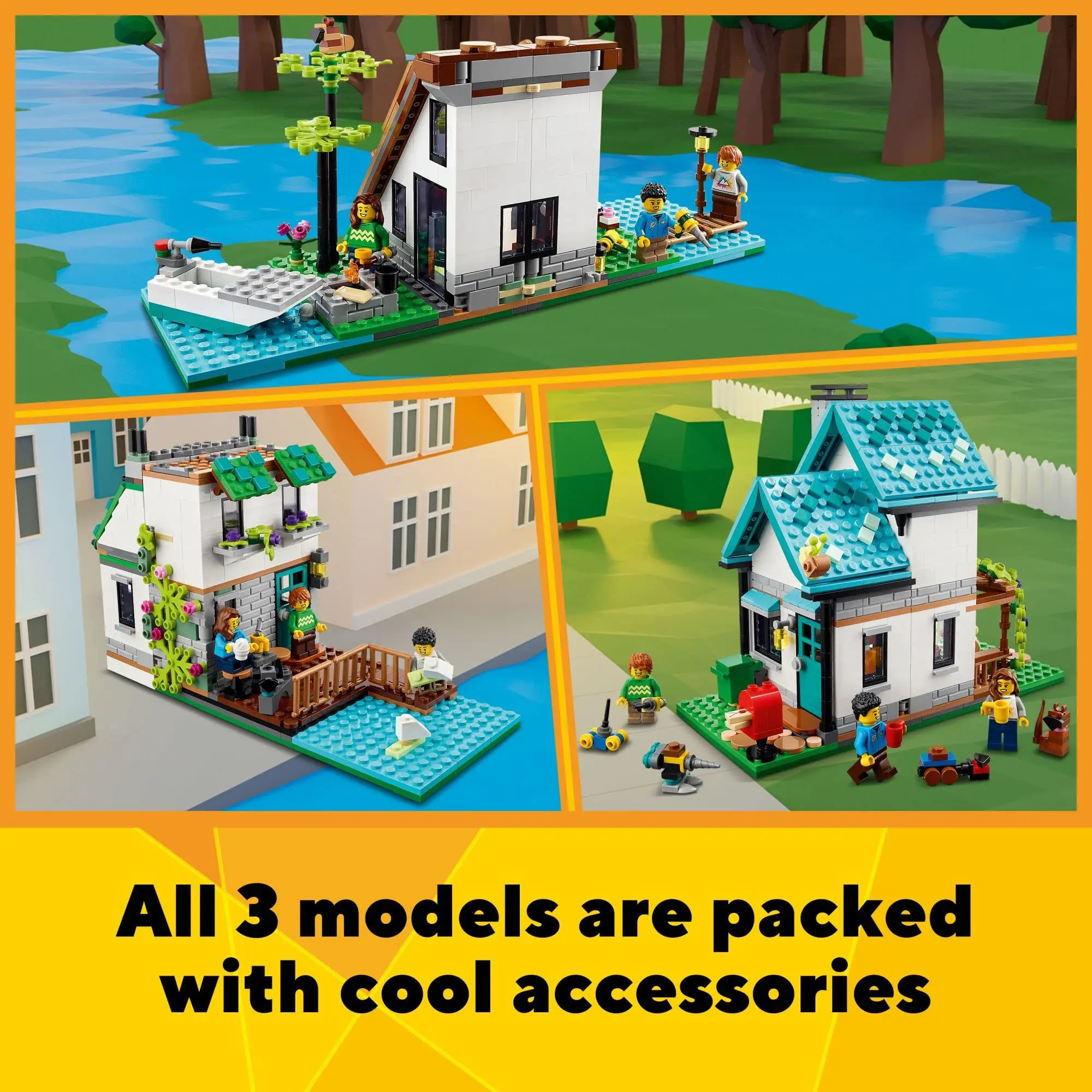 LEGO Creator 3 in 1 Cozy House Toy Set 31139 Building Kit with 3 Different Houses Plus Family Minifigures Accessories Gift