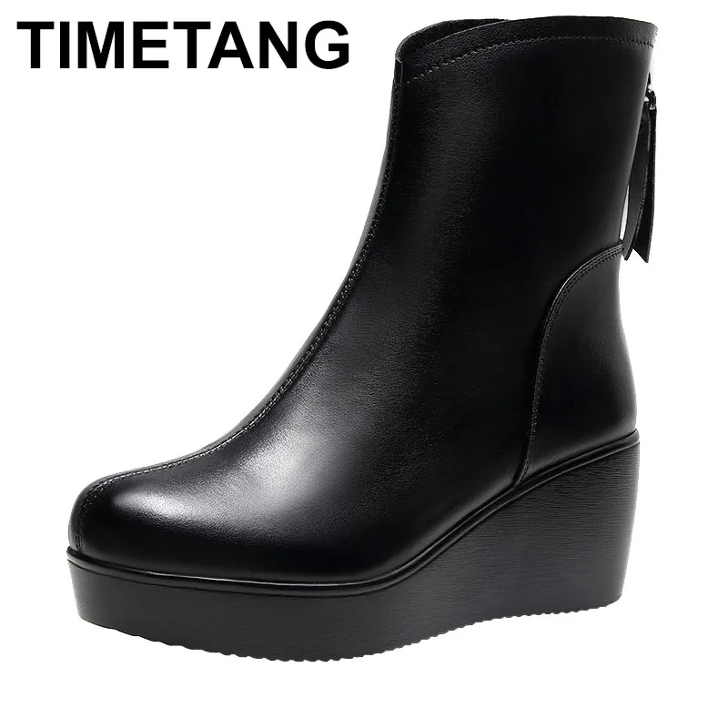

8cm Small Size 32-43 Vintage Genuine Leather Shoes Women's Ankle Boots Winter High Heels Wedges Shoes Fur Motorcycle Boots