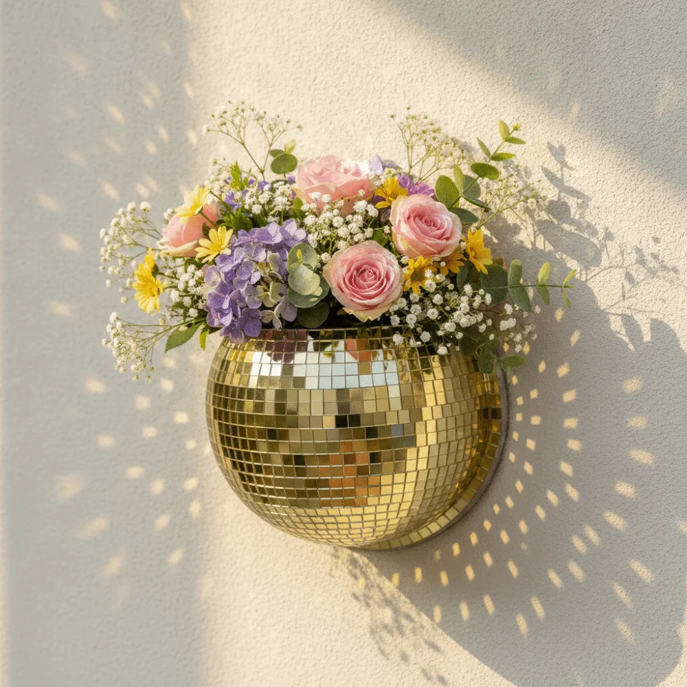 Acrylic Mirror Finish Wall-Mounted Disco Planter Shining Half Sphere Disco Wall Vase Decorative Hanging Disco Flowerpot