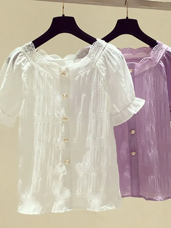 

Chic Vintage Chiffon Blouse Women Summer Purple Puf Cleanfit Sle A-Line Sve Thin ort Sve Non-Sinkable Ladies irt