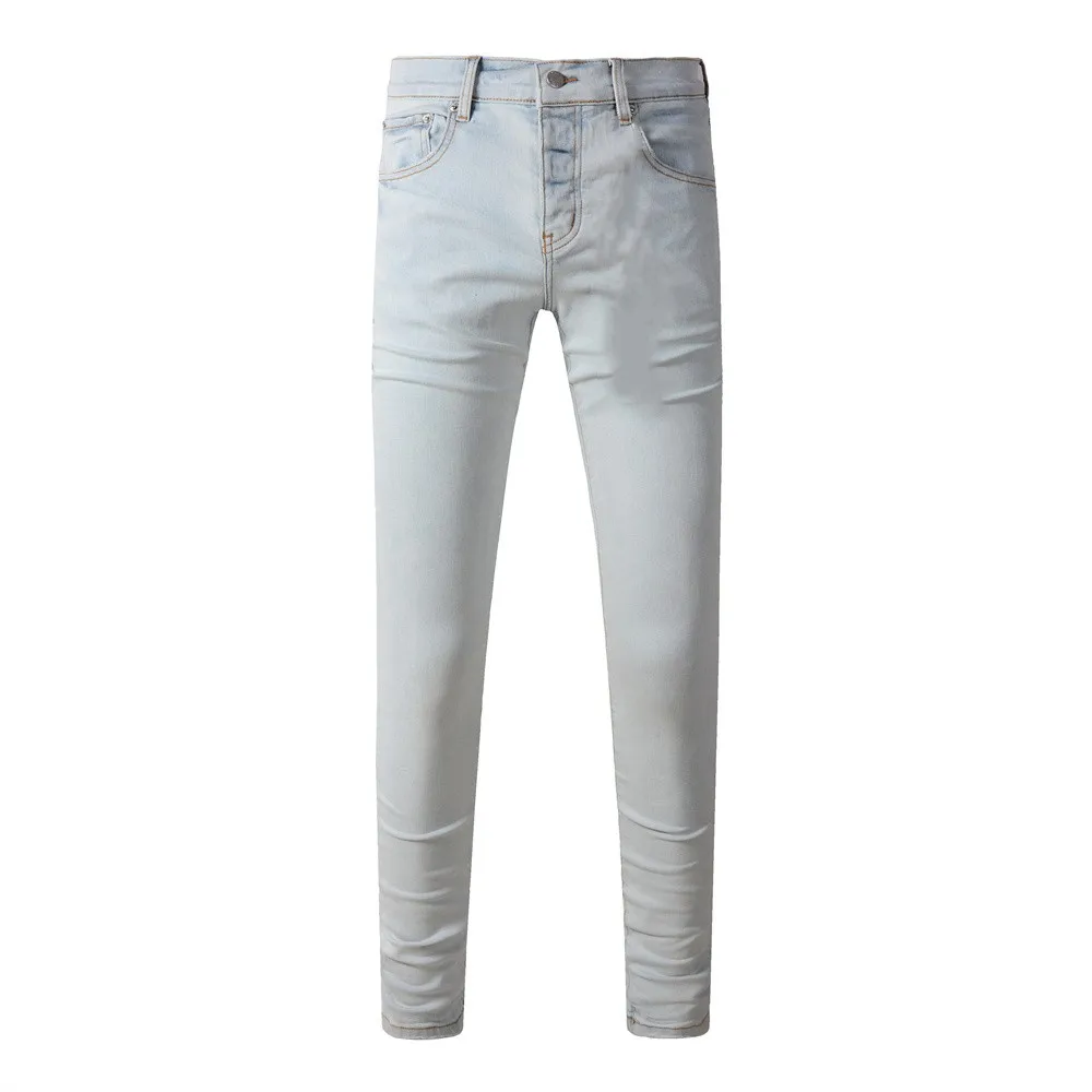 

Men's High Street Distressed Fashion Light Blue Faded White Blue Blank Stretch Skinny Button Fly Ripped Jeans Men Pants