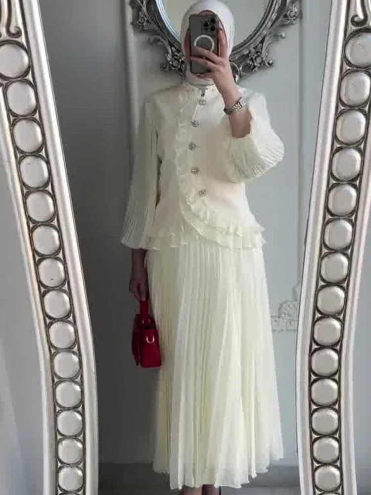 2 Piece Set Women Top Skirt Eid Muslim Abaya Pleated Skirt Sets Ramadan Jalabiya Dubai Arab Morocco Musulman Ensembles Solid