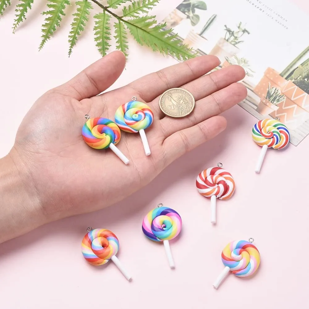 3/9/18pcs Multi-color Soft Ceramic Lollipop Shaped Pendant Polymer Clay Candy Lollipop for DIY Jewelry and Accessory Making