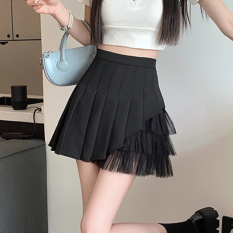 

Women 2024 Summer New Patchwork Mesh Mini Skirt Female Loose Pleated Skirts Ladies Fashion High Waist A-line Short Skirts B15