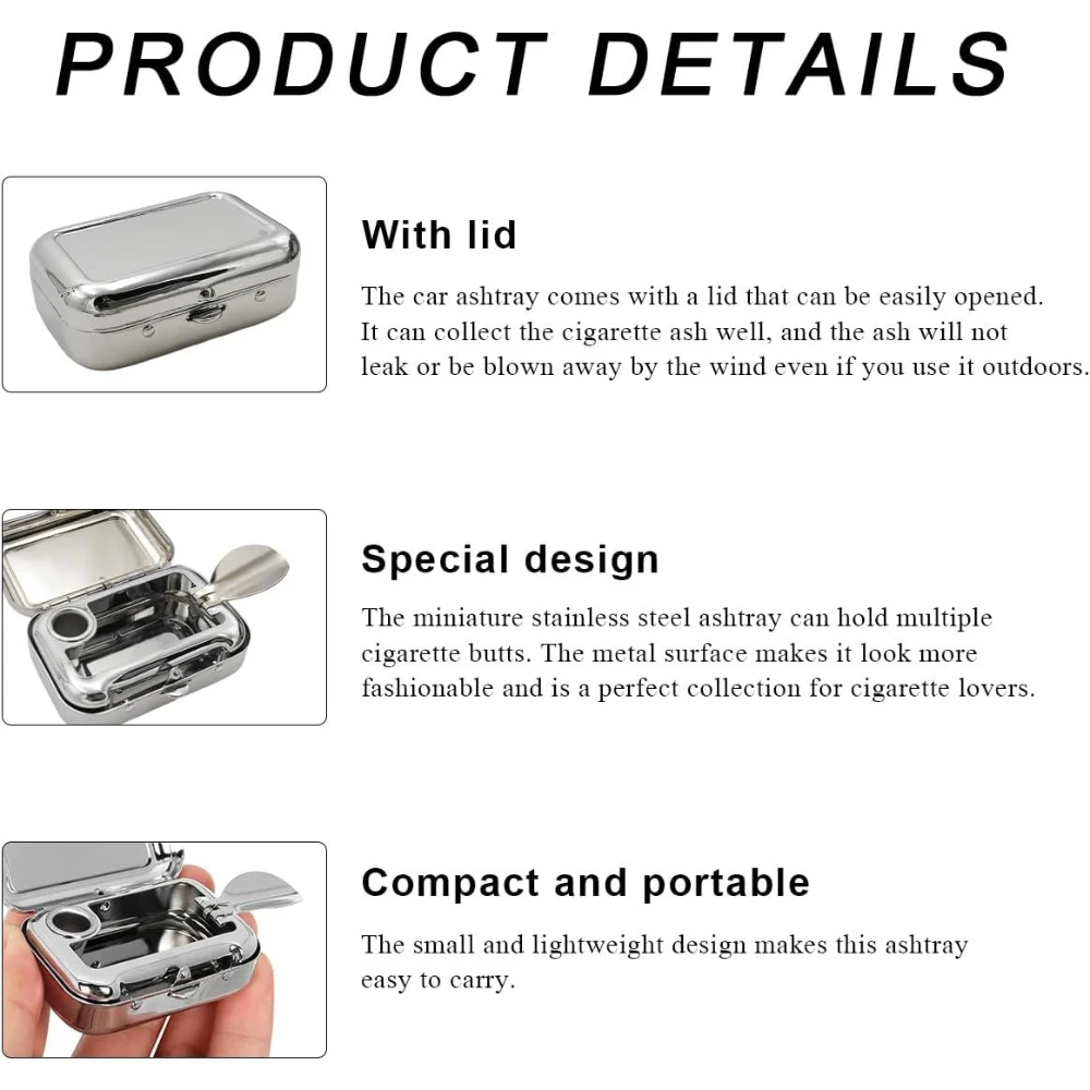 Mini Portable Ashtrays, Metal Pocket Dustproof Car Ash Tray with Lid, Compact Square Windproof Car Cigar Ashtrays view 3