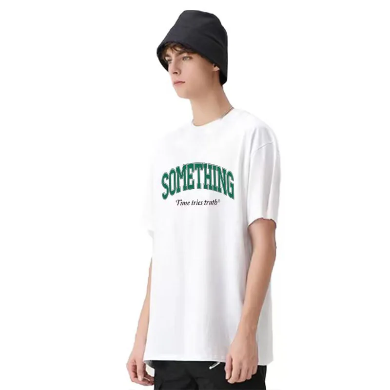 Men's 2026 Summer Short Sleeve 220g Weight 100% Pure Cotton Loose-Fitting Casual English Letter Pattern T-Shirt