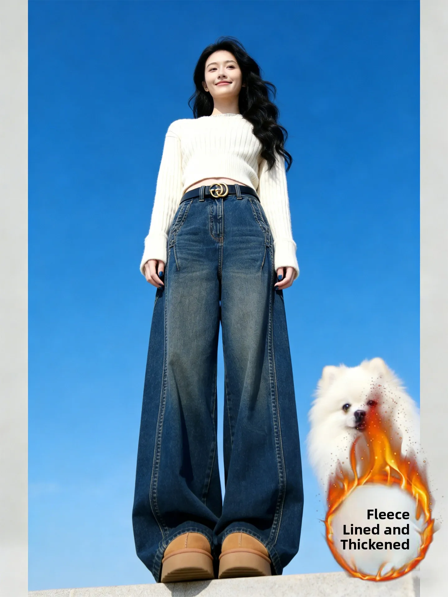 

Women's High Waist Fce Lined Thiened Winter Denim Jeans Wide Leg Pants Versatile Blue Color for 2026 Season