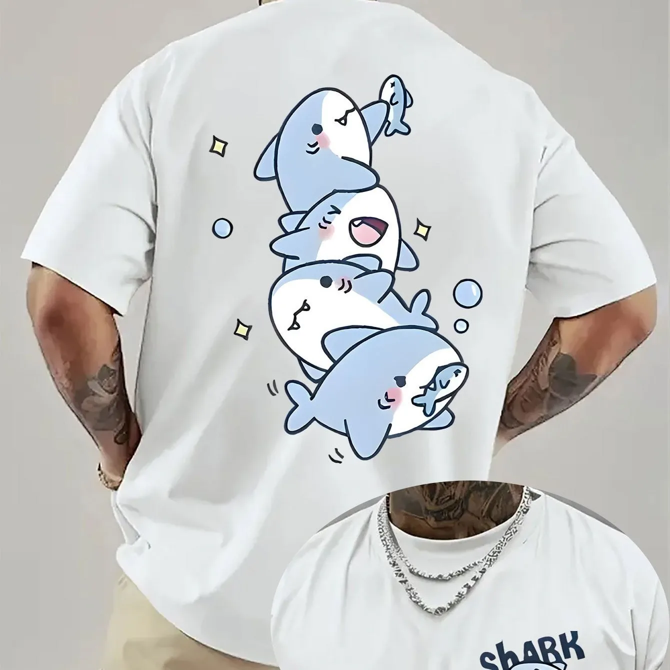 Cute Shark Stack Print Men's Cotton Graphic Tee Casual Loose Short Sleeve T-Shirt Summer Trip