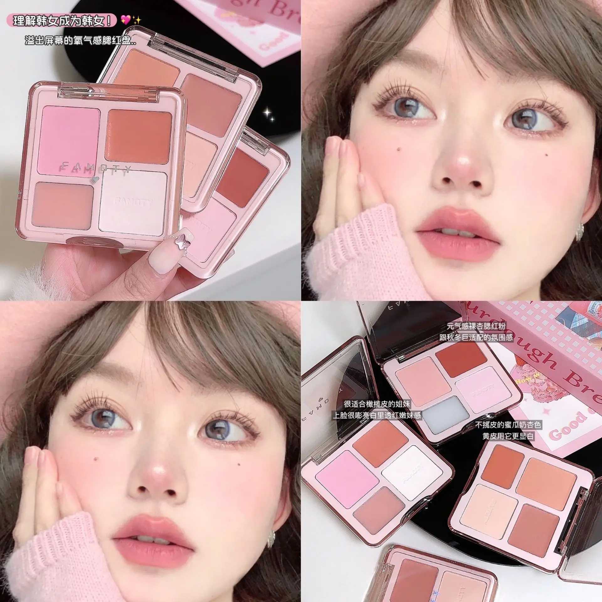 FAMOTY Blush Highlighter Palette Natural Pink Glow Buildable Shimmer Cute Pure Desire Look 3D Face Contouring Vegan Makeup