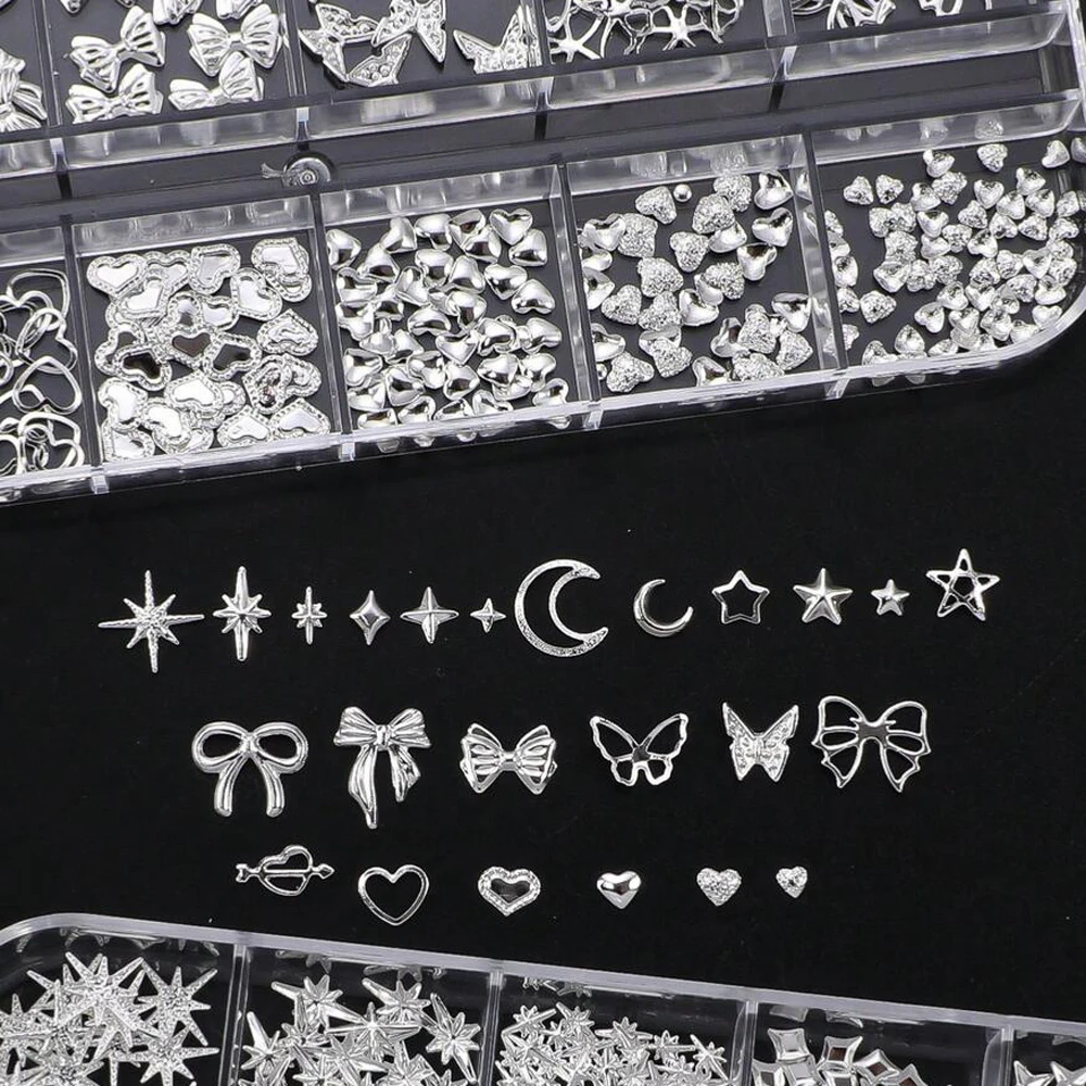 1Box 12Styles 3D Alloy Heart/Bow/Butterfly Nail Charm Silver Metallic Rivet Nail Decoration Y2K Japanese Nail Ornaments Supplies