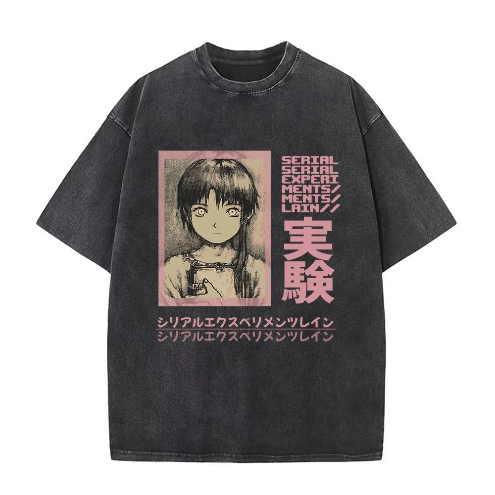 Anime Experiments Lain Vintage T-Shirt Black Men's Casual Short Sleeve Clothing Fashion Unisex Streetwear Top Graphic Hot Sale