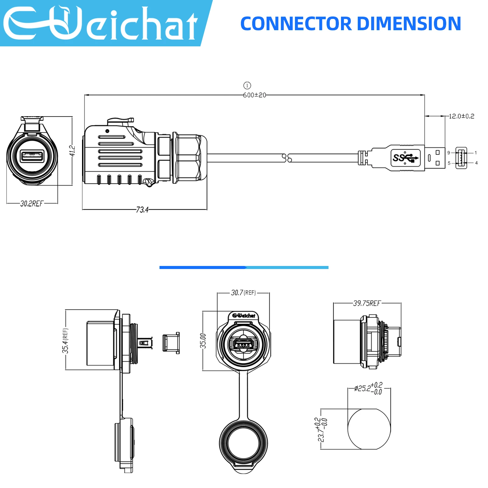 M24 IP67 Waterproof LP24 USB3.0 Thread Socket Fast Charging Data Connector With 0.6m Cable For Outdoor Automotive Marine