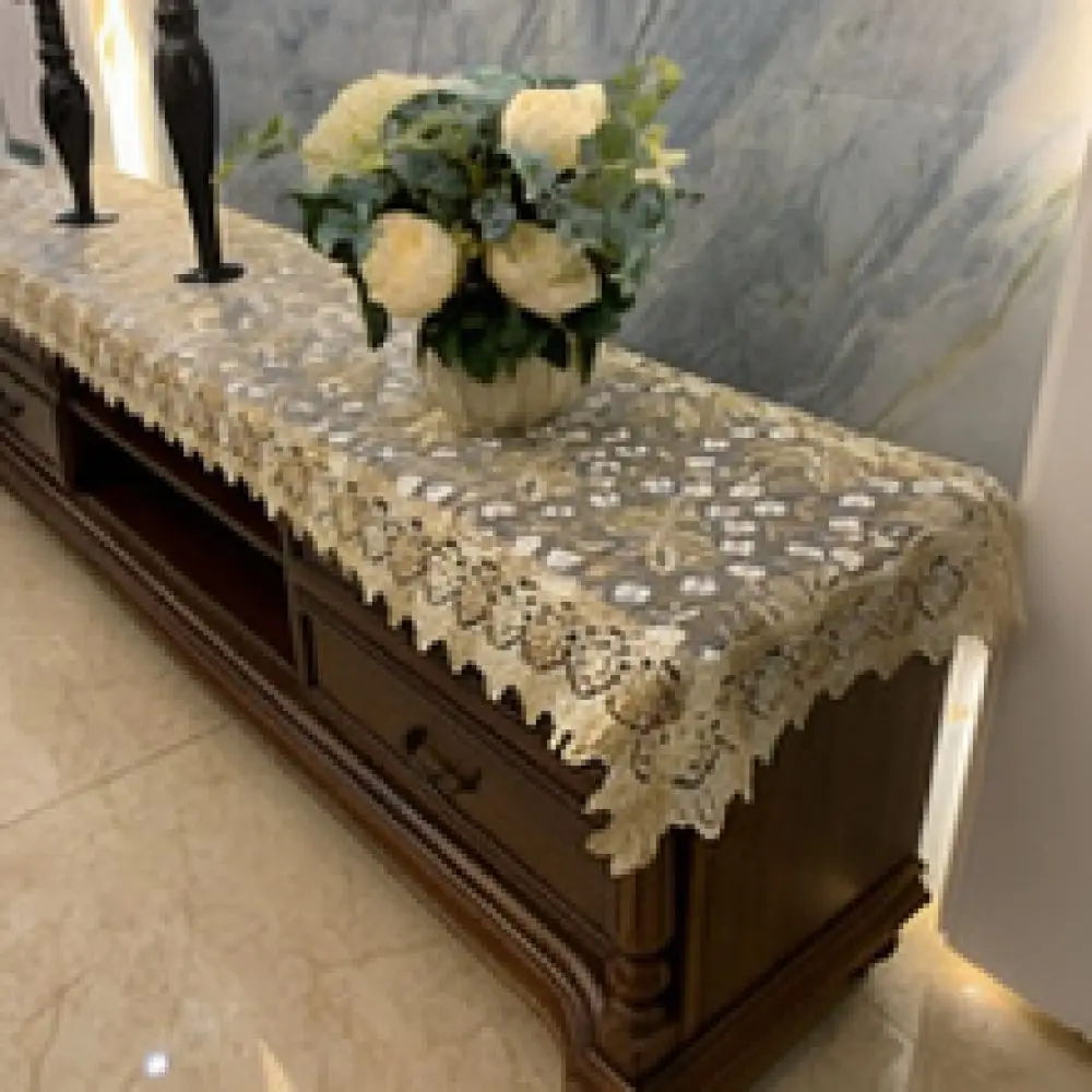 Decorative Fabric Rectangle Tablecloth Lace Embellished Desk Cover Dustproof Tea Table Mat For Elegant Living Room Decor