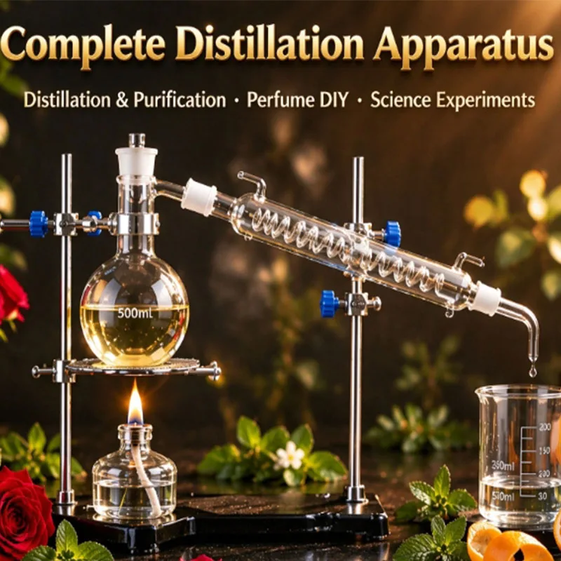 Essential Oil Distiller Full Distillation Apparatus Distillation Flask & Serpentine Condenser, Lab Equipment for Hydrosol Extrac