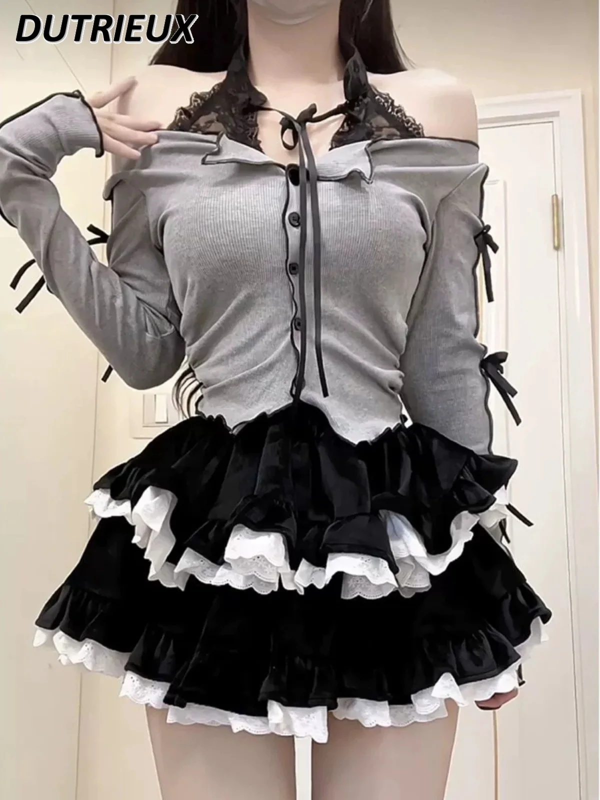 Y2k Halterneck Long-Sleeved T-shirt Slim Fit Off-Shoulder Single-Breasted Top Black White Puffy Cake Short Skirt Sweet Retro Set