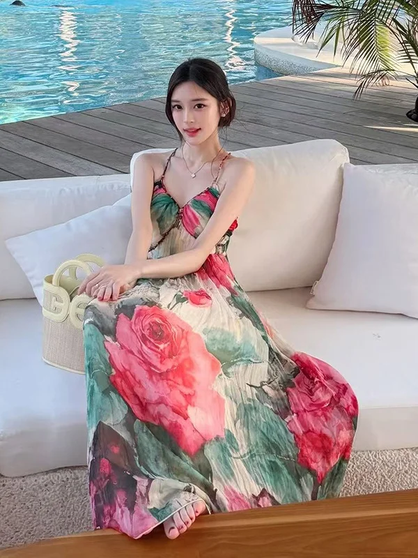 

Elegant Printed Maxi Dress Women's Birthday Party Gown Holiday Style Belted A-Line Skirt Polyester Fabric Sleeveless Dress