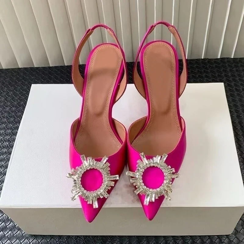 Zapatos de Tacón Alto Delgados para Mujer, Punta Puntiaguda, Satén de Seda, Decoración de Girasol con Pedrería, Sandalias Slingback, Zapatos Sexys para Fiesta, Banquete y Vestido de Noche