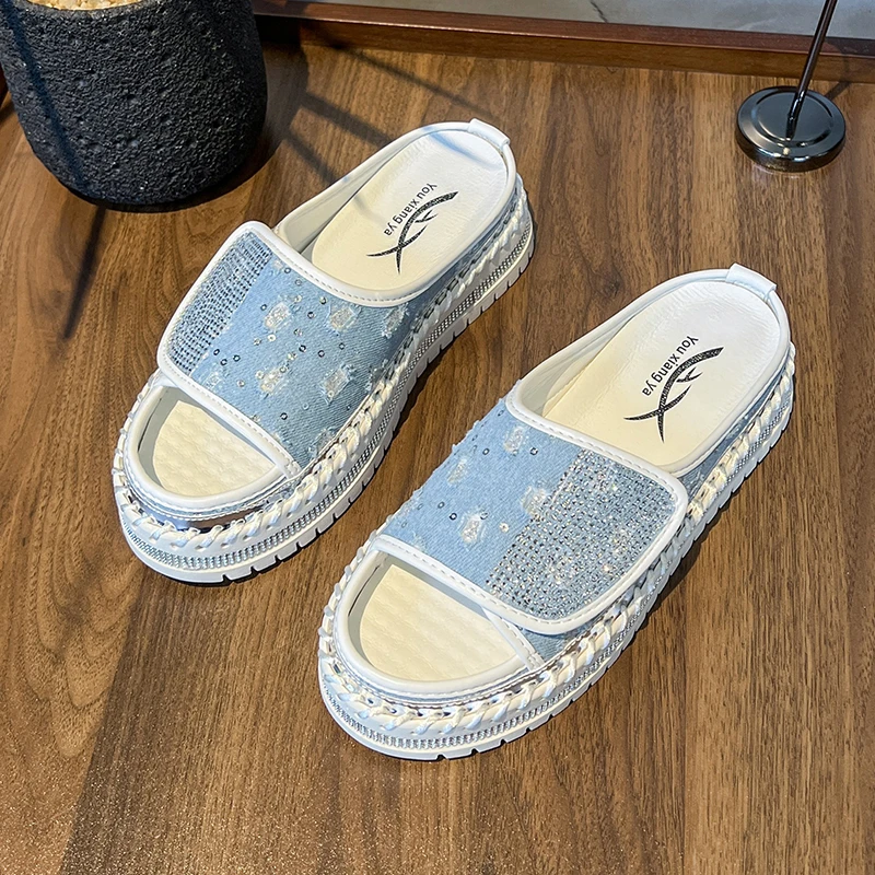 

Women Flats Platform Slippers Women Shoes Summer 2025 Bling Fashion Denim Open Toe Sandals Outside Flip Flop Beach Women Slides