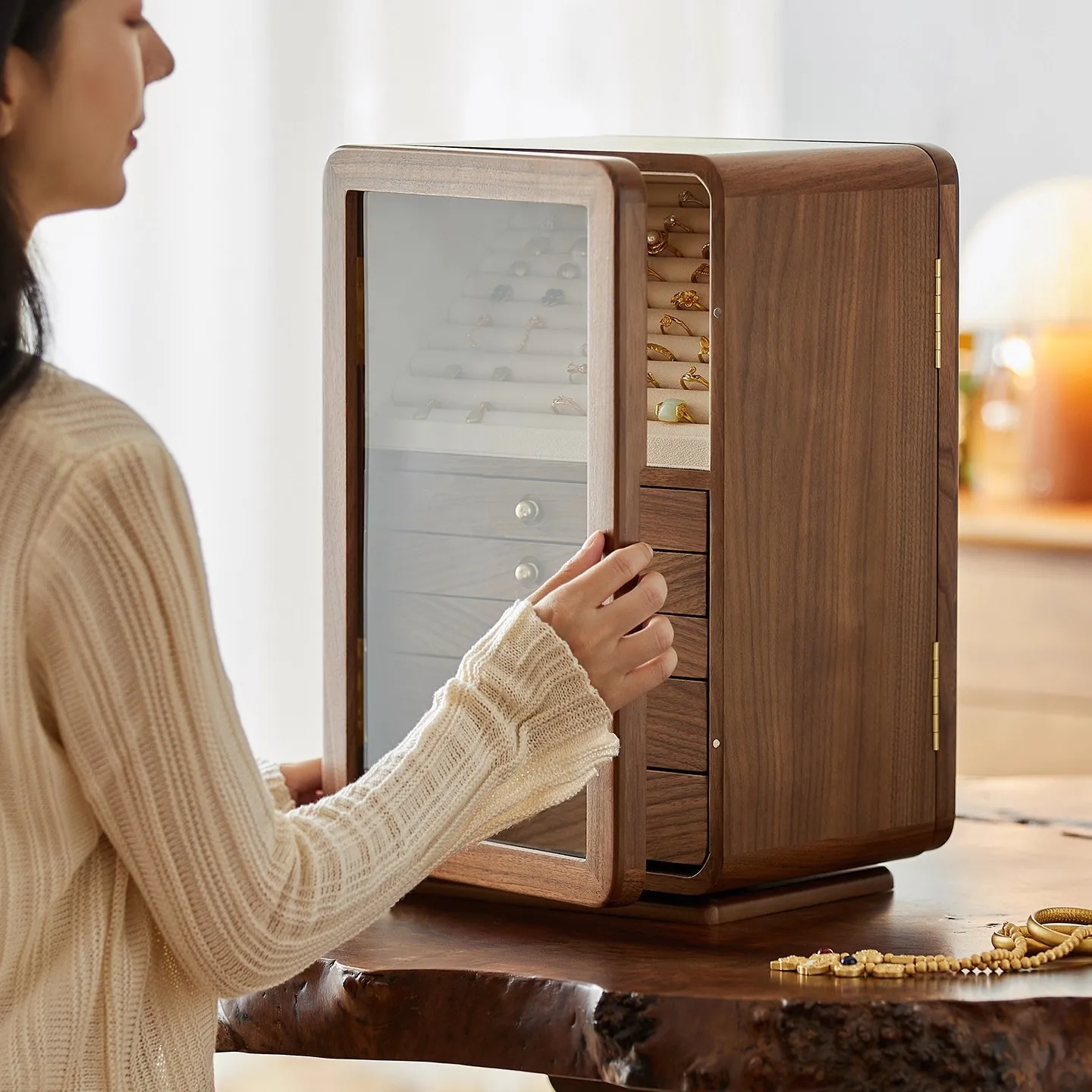Black walnut solid wood jewelry box, high-end exquisite large-capacity earrings, stud earrings, necklace.