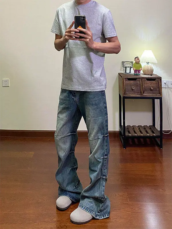 

American High Street Vibe Retro Blue Knife Men's Jeans Spring Fold Design Sensation Small ence Lift Micro Flared Pants