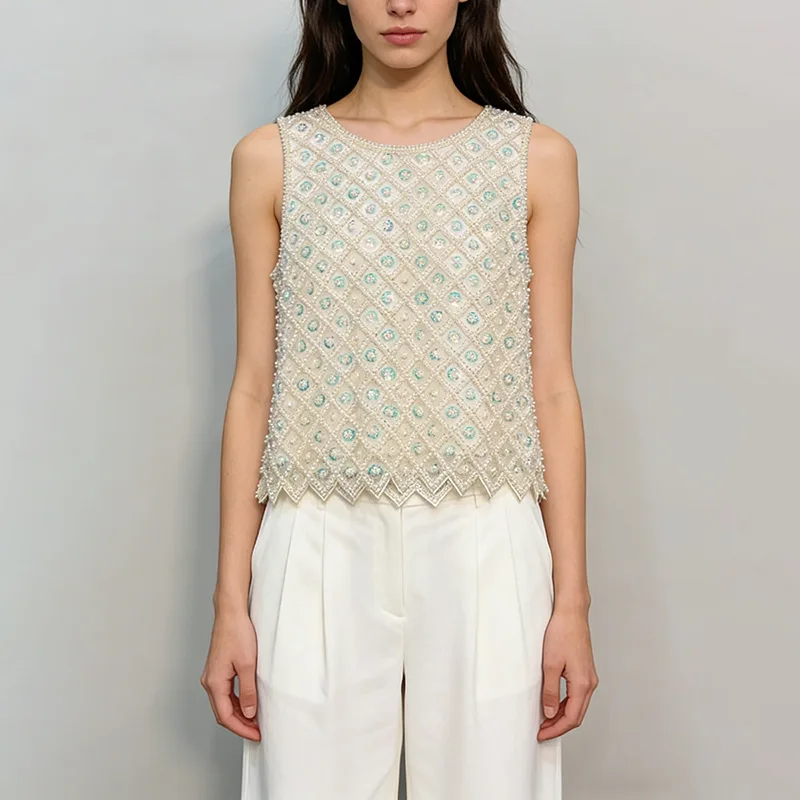 2026 Lente Nieuwe Luxe Dames Vest met Zware Kraaltjes en Pailletten, Ronde Hals Mouwloos Argyle Design Top