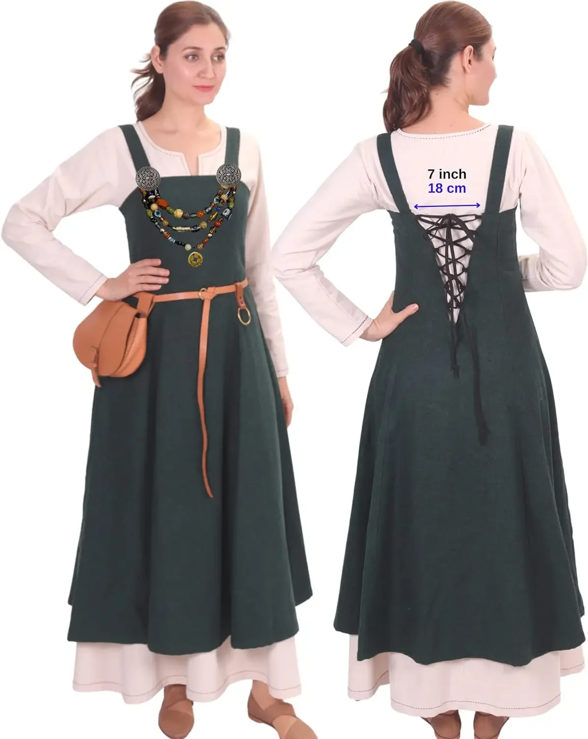 Two Piece Set Medieval Viking Apron Overdress with Laced  Medieval Classic Vintage Retro Vogue Flare Sleeve Tunic Dress Ladies