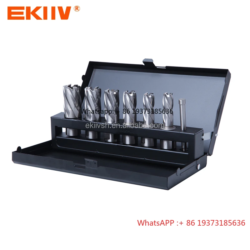 EKIIV Annular Cutter Set 11pcs 3/4 Inch Weldon Shank 7/16 to 1-1/16 for Drill Press HSS Standard Kit Two Flat with 2 Pilot Pins