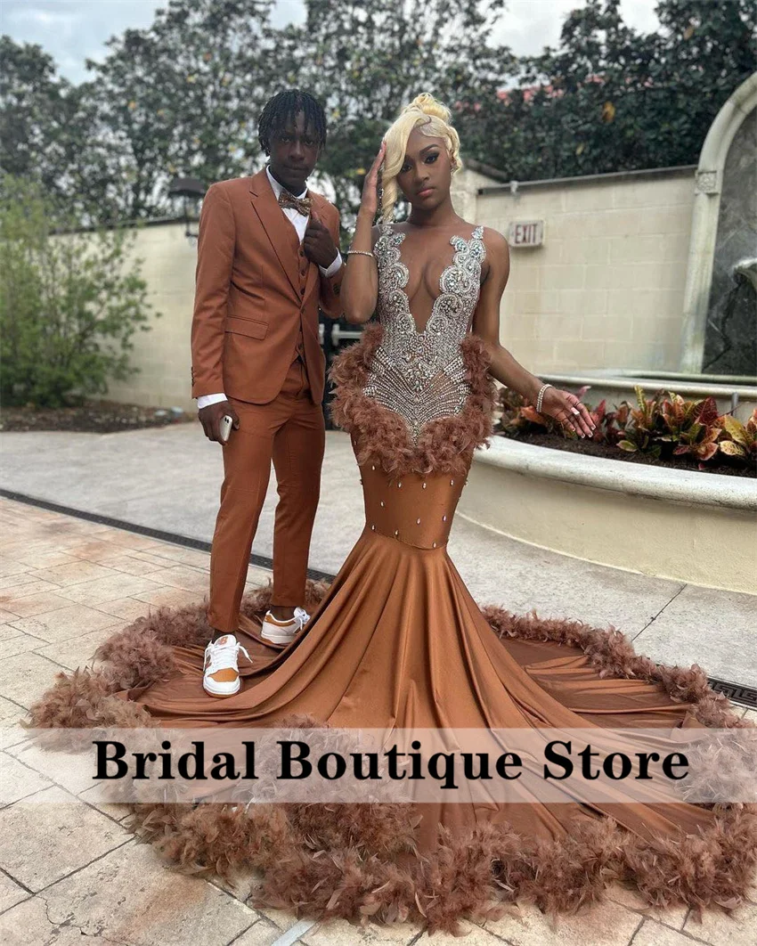 

Luxury Diamonds Mermaid Prom Dress Sheer Glitter Rhinestones Gems Feathers Birthday Party Dress Formal Gowns Customized