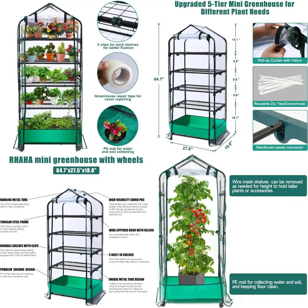 

Portable 5-Tier Greenhouse with Wheels, Suitable for Indoor or Outdoor Use, PVC Cover, Shelves, Waterproof Mat, and Cover Tape,