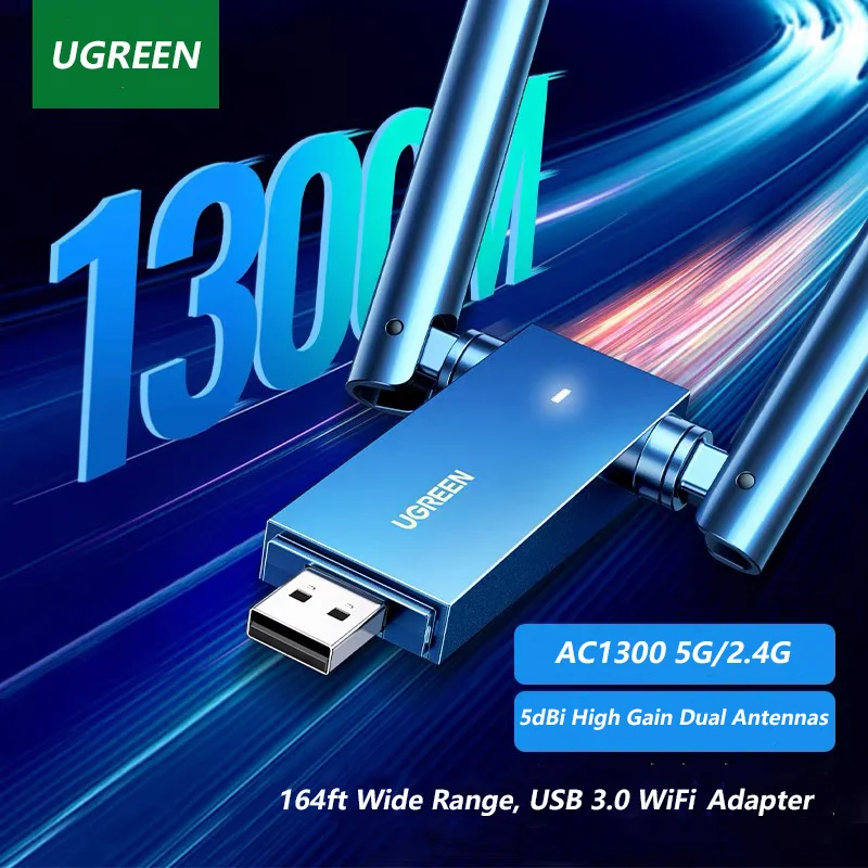 UGREEN USB 3.0 WiFi Adapter for Desktop PC, WiFi Adapter with AC1300 5dBi High Gain Dual Antennas 5G/2.4G Dual Band view 2