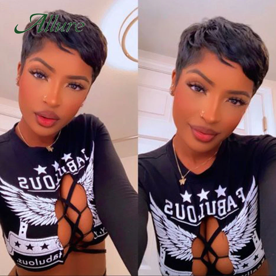 Short Pixie Cut Human Hair Wigs For Black Women Natural Black Colored Hair T Part Lace Wig 8 inch Brazilian Remy Hair Wig Allure