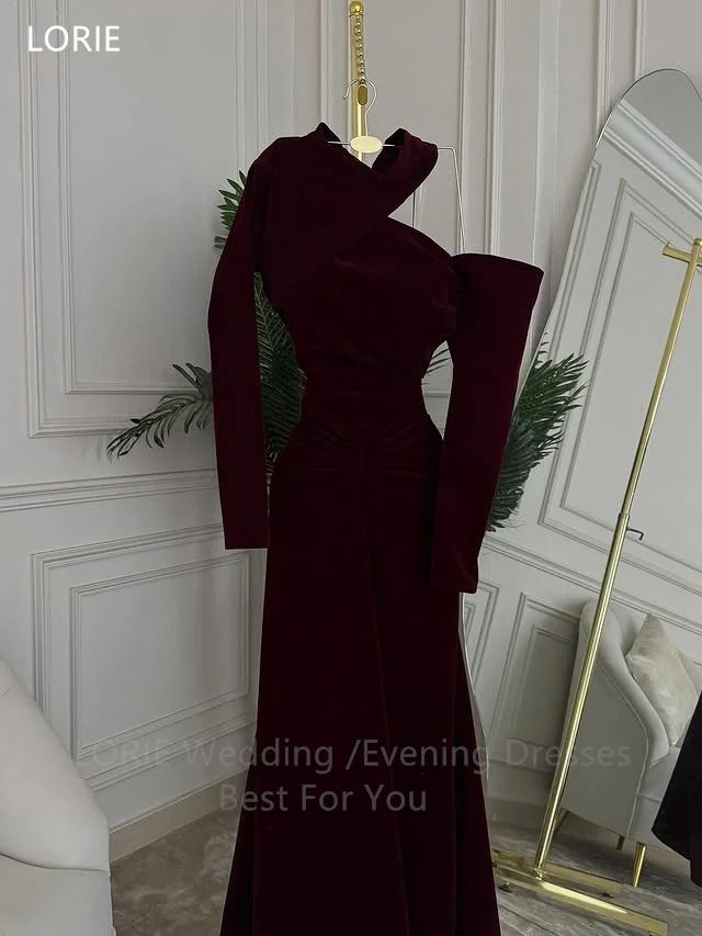 LORIE ชุดเดรสปาร์ตี้สีแดงเบอร์กันดีสุดหรู ผ้ากำมะหยี่ แขนยาว ชุดราตรีออกงาน จับจีบ ทรงเมอร์เมด ชุดราตรีงานพรอม สามารถสั่งตัดได้