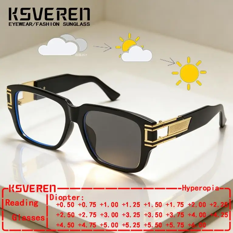 

Designer Large Frame Square Photochromic Reading Glasses Men Women Trendy Clear Lens Outdoor Color Changing Prescription Eyewear