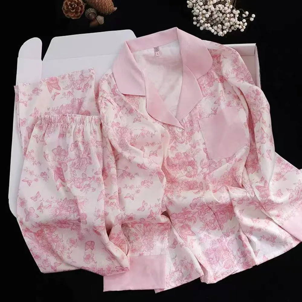 

Ice Silk Thin 2 Piece Sleepwear Suit Loungewear Set Lapel Button Cardigan Women's Pajamas Long Sleeve Tops with Pants Pyjama