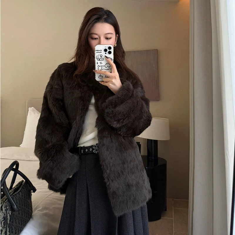 

Женская шуба из натурального меха в средневековом стиле, винтажная роскошная куртка из кроличьего меха, коричневая, универсальная, с воротником-стойкой, средней длины, свободного кроя