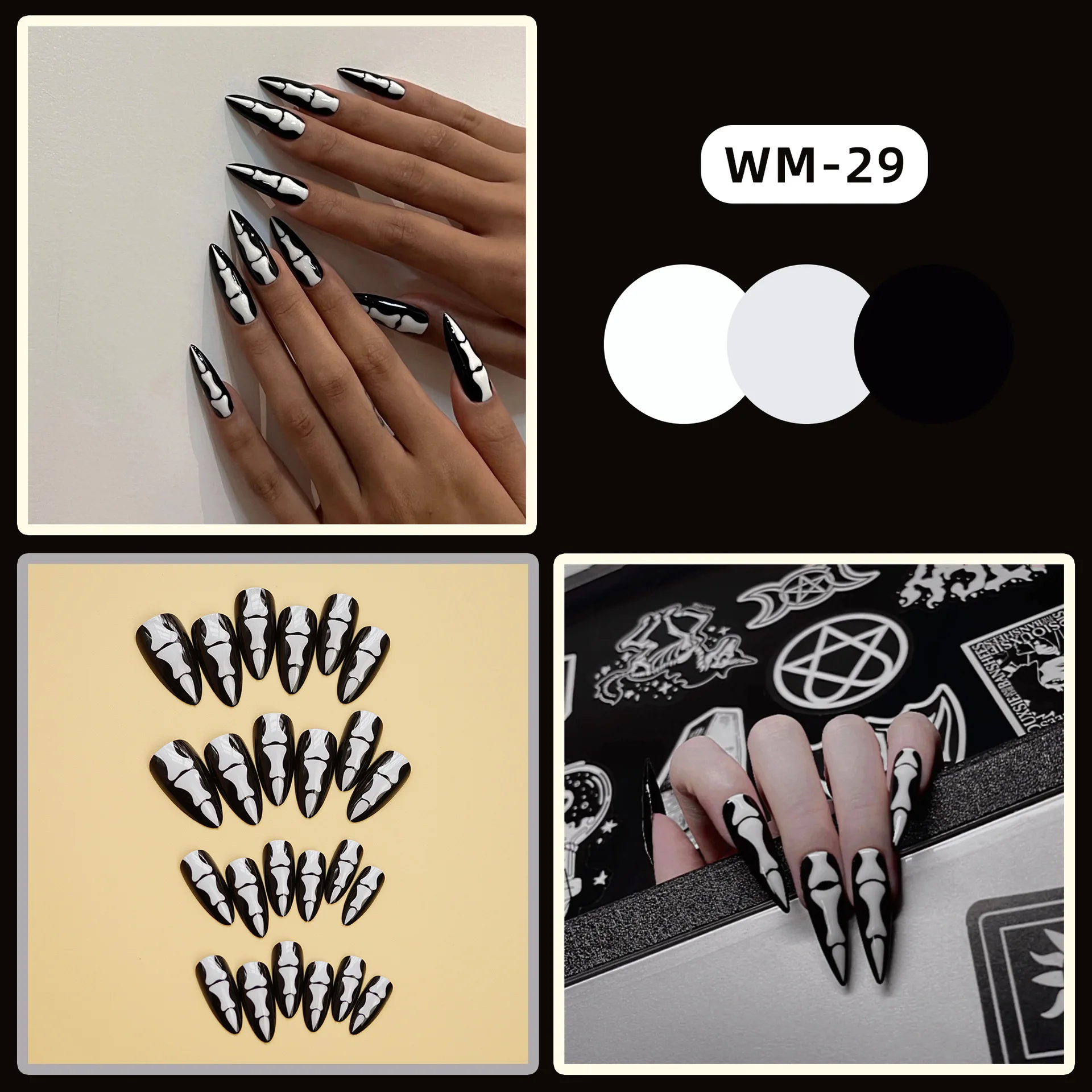 24pcs White Skull Press on Nails Black Long Ballet Halloween Fake Nail Patch Full Cover Wearable Ghost Skull False Nail Tips