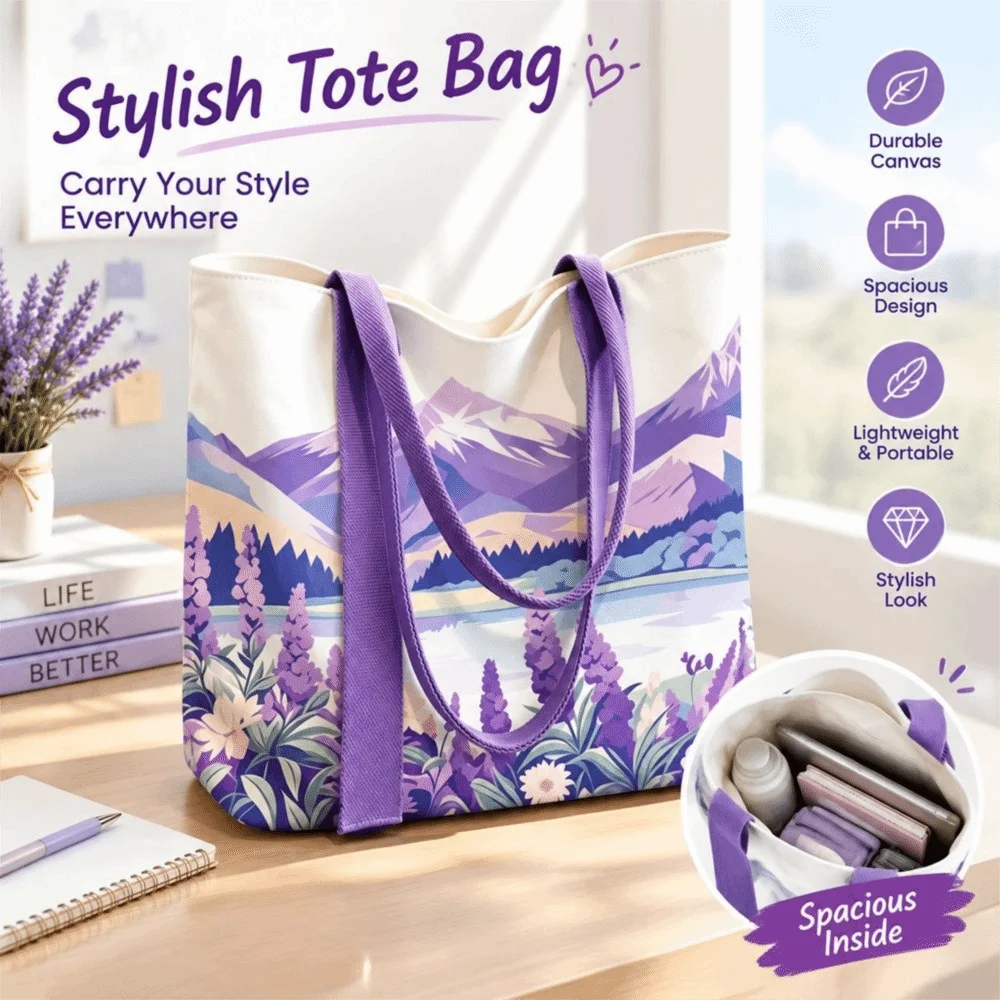 Durable Lavender Canvas Bag Reusable Large Capacity Shoulder Bag Lightweight Versatile Shopping Bag Daily Outfits