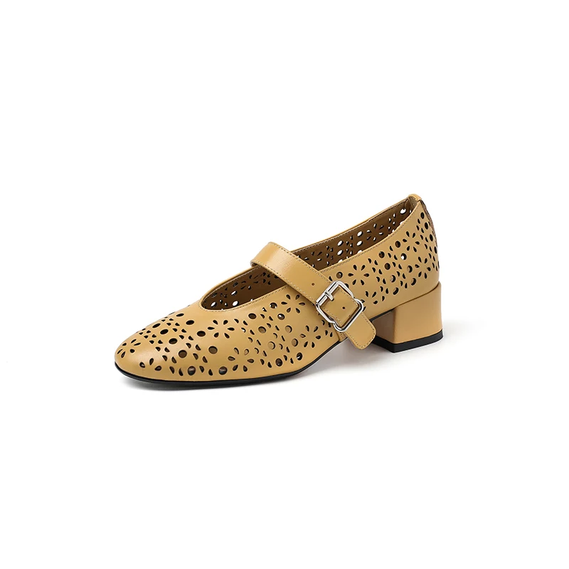 

Genuine Leather Mary Jane Pumps Summer Perforated Chunky Heel Hollow-Out Design Shallow Shoes