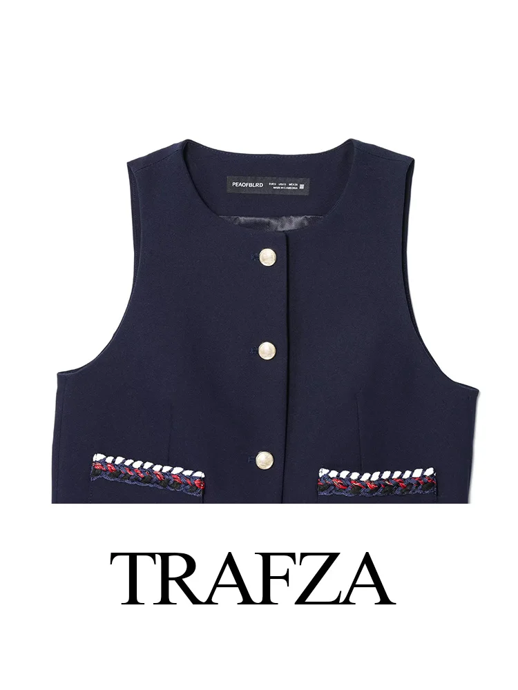 

TRAFZA Women Elegant Sleeveless Pockets O-Neck Single-breasted Waistcoat+Casual High Street Zipper Trim Pattern Shorts Suit