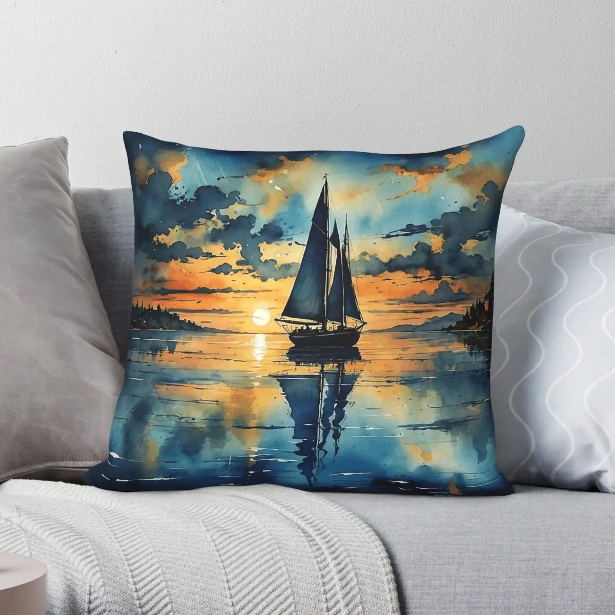 Sunset Sailboat Gliding Square Pillowcase Polyester Linen Velvet Pattern Zip Decorative Home Cushion Cover 45x45