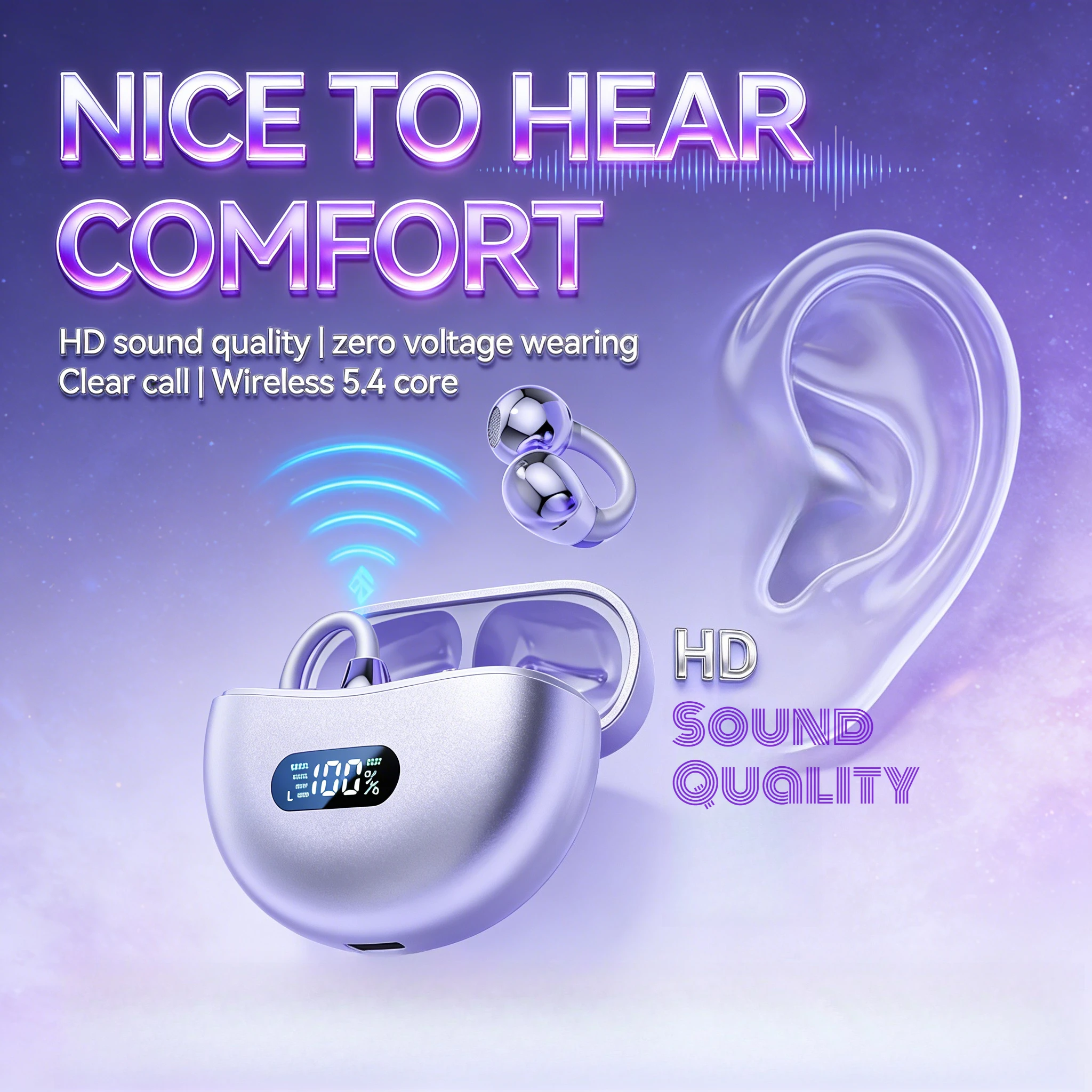 

New Wireless Bone Conduction HIFI Earphones Bluetooth 5.4 Earbuds Clip On Ear With Mic Digital Display Sport Waterproof Headsets