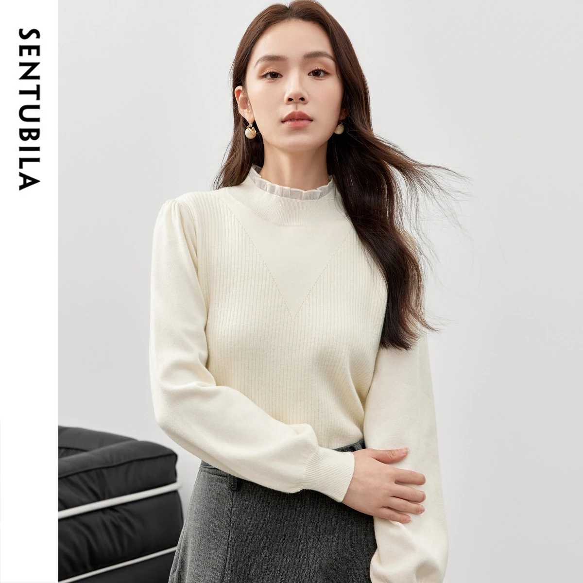 

SENTUBILA Simple Knitted Pullovers for Women 2024 Winter Tloose Fit Thick Warm Puff Sleeve Basic Solid Women Tops W43H56764X